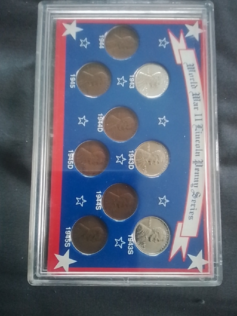 Vintage Coin Display Set in Blue and Red Tray